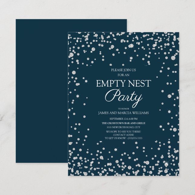 Navy Blue Silver Glitter Empty Nest Party Card (Front/Back)
