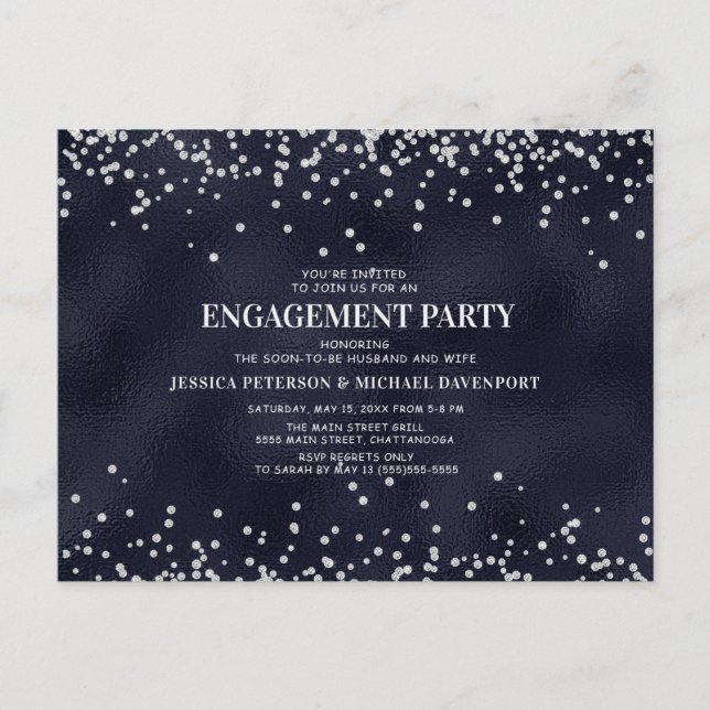 Navy Blue Silver Glitter Engagement Party Postcard (Front)