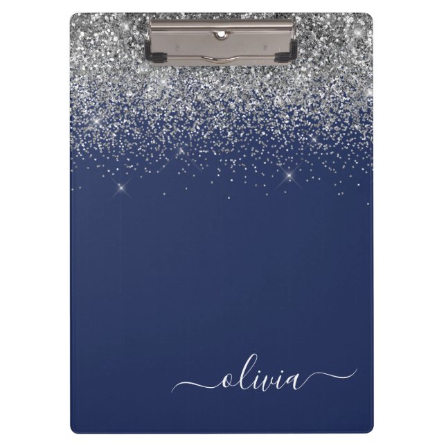 Navy Blue Silver Glitter Girly Monogram Name Clipboard (Front)