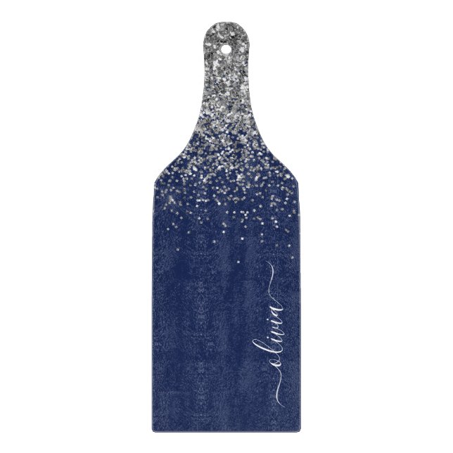 Navy Blue Silver Glitter Girly Monogram Name Cutting Board (Front)