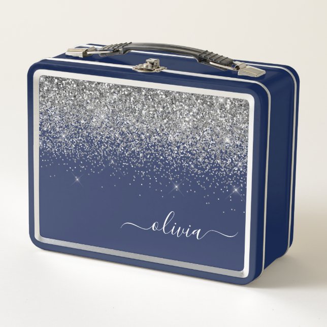 Navy Blue Silver Glitter Girly Monogram Name Metal Lunch Box (Front)