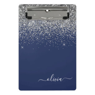 Navy Blue Silver Glitter Girly Monogram Name Mini Clipboard