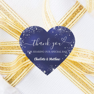 Navy blue silver glitter heart thank you wedding sticker