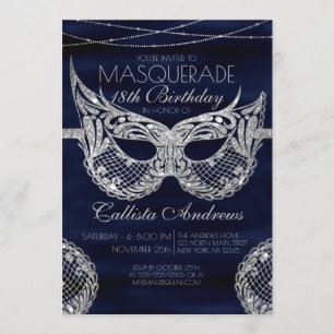 Navy Blue Silver Glitter Lace Masquerade Birthday Invitation