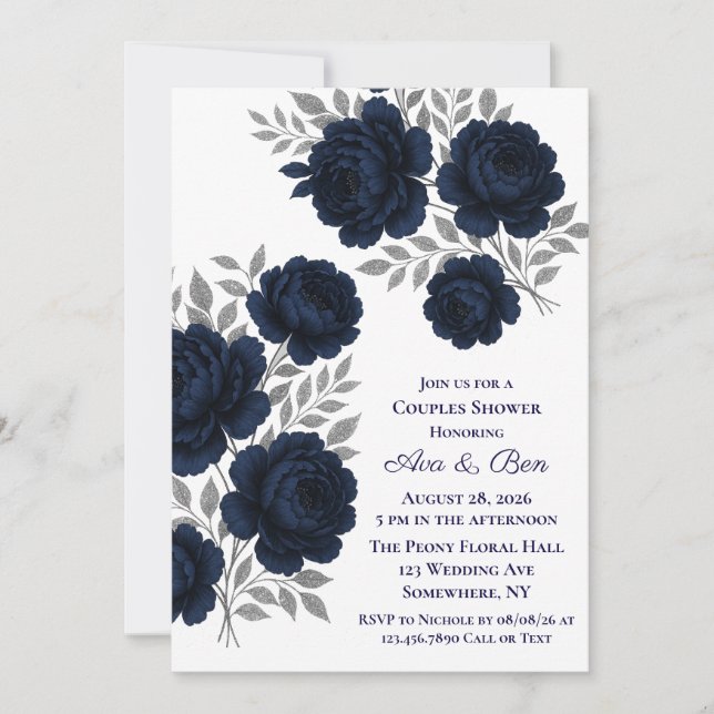 Navy Blue & Silver Glitter Leaves Couples Shower Invitation (Front)