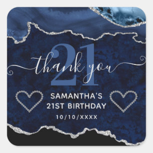 Navy Blue & Silver Glitter Marble Agate Birthday Square Sticker