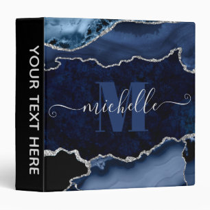 Navy Blue & Silver Glitter Marble Agate Monogram Binder
