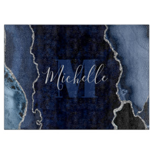 Navy Blue & Silver Glitter Marble Agate Monogram Cutting Board