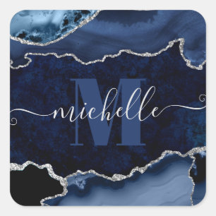 Navy Blue & Silver Glitter Marble Agate Monogram Square Sticker