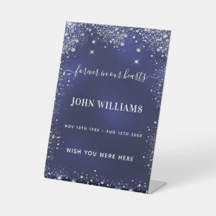 Navy blue silver glitter memorial pedestal sign