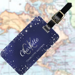 Navy blue silver glitter monogram name luggage tag<br><div class="desc">A navy blue background. The blue colour is uneven. Decorted with faux glitter dust. Personalize and add a name. The first name is written with a modern hand lettered style script.
Back: add your contact information.</div>