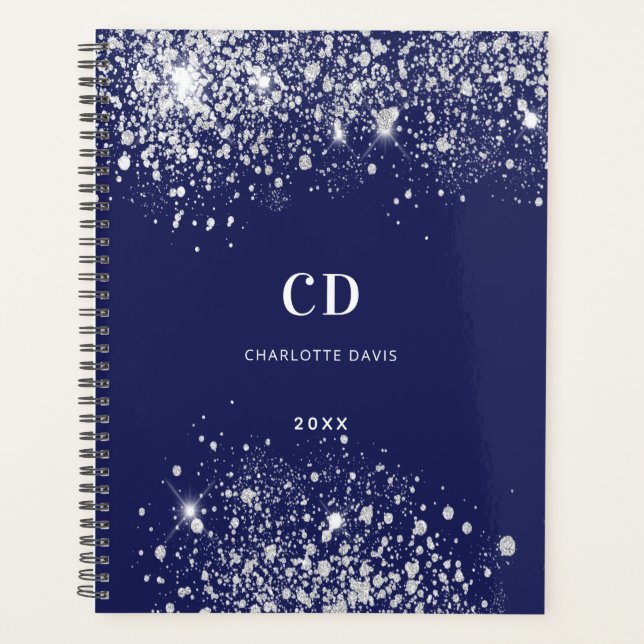 Navy blue silver glitter monogram name planner (Front)
