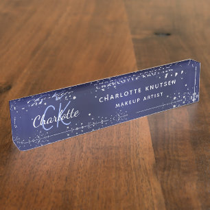 Navy blue silver glitter monogram nameplate