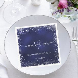 Navy blue silver glitter mr mrs heart wedding napkin