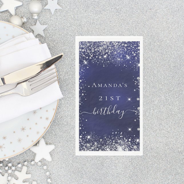 Navy blue silver glitter name birthday party napkin (Creator Uploaded)