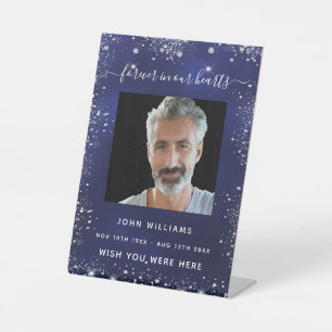 Navy blue silver glitter photo memorial pedestal sign