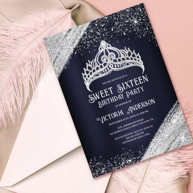 Navy Blue Silver Glitter Princess Tiara Sweet 16 I Invitation (Creator Uploaded)