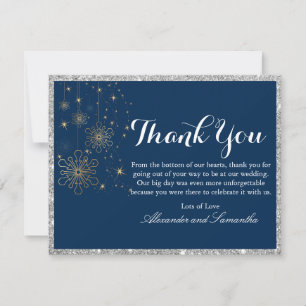 Navy Blue Silver Glitter Snowflake Thank You Card