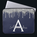 Navy Blue Silver Glitter Sparkle Monogram Laptop Sleeve<br><div class="desc">Navy Blue and Silver Faux Dripping Modern and Elegant Girly Glitter and Sparkle Elegant Monogram Case. This case can be customized to include your initial and first name.</div>