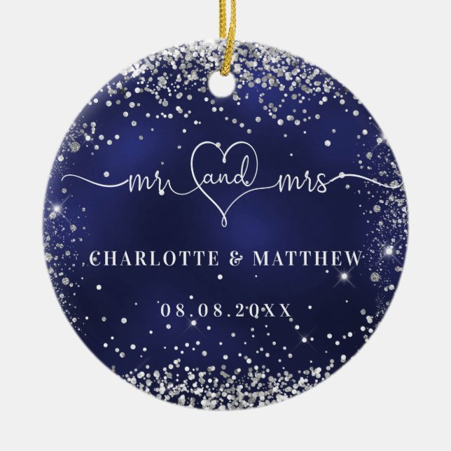 Navy blue silver glitter sparkles newly weds ceramic ornament (Front)