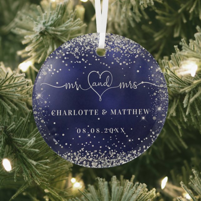 Navy blue silver glitter sparkles newly weds glass ornament (Insitu)