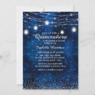 Navy Blue Silver Glitter String Light Quinceañera  Invitation