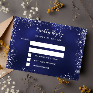 Navy blue silver glitter wedding RSVP Card