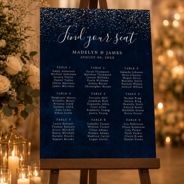 Navy Blue Silver Glitter Wedding seating chart (Creator Uploaded)