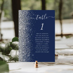 Navy Blue Silver Glitter Wedding Table Number<br><div class="desc">The left-hand edge of this elegant modern wedding table number card features a silver faux glitter border. The word "table" appears in silver grey whimsical handwriting script on a navy blue background. Add the names of your guests who are assigned to each table.</div>