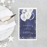 Navy blue silver glitter white balloons birthday napkin<br><div class="desc">A napkin for a girly and glamourous 21st (or any age) birthday party.  A navy blue background with elegant faux silver sparkles and white balloons. The blue colour is uneven.  Personalize and add a name and age 21.  White letters.</div>