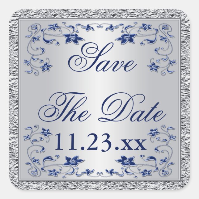 Navy Blue Silver Grey Floral Économisez Le Sticker (Devant)