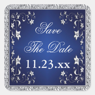 Navy Blue Silver Grey Floral Save The Date Sticker