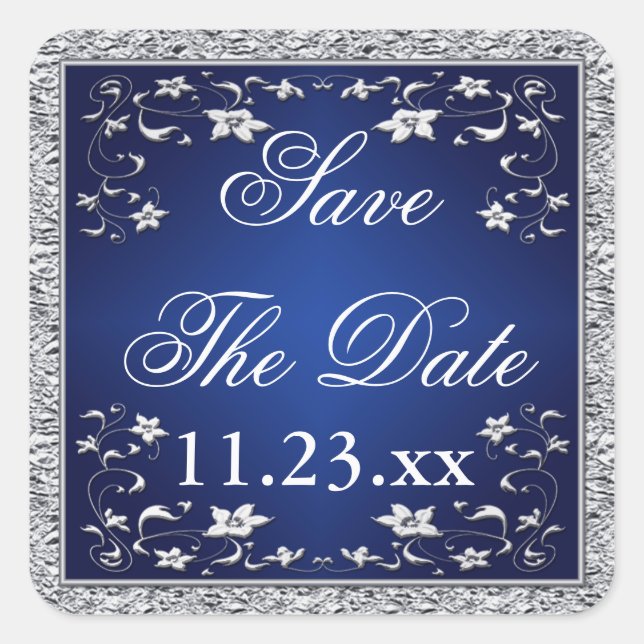 Navy Blue Silver Grey Floral Save The Date Sticker (Front)