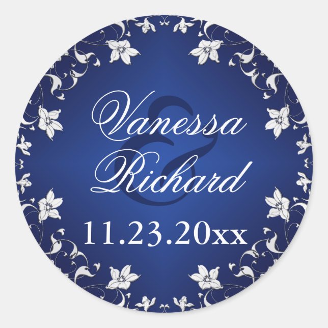 Navy Blue, Silver Grey Floral Wedding Sticker (Front)