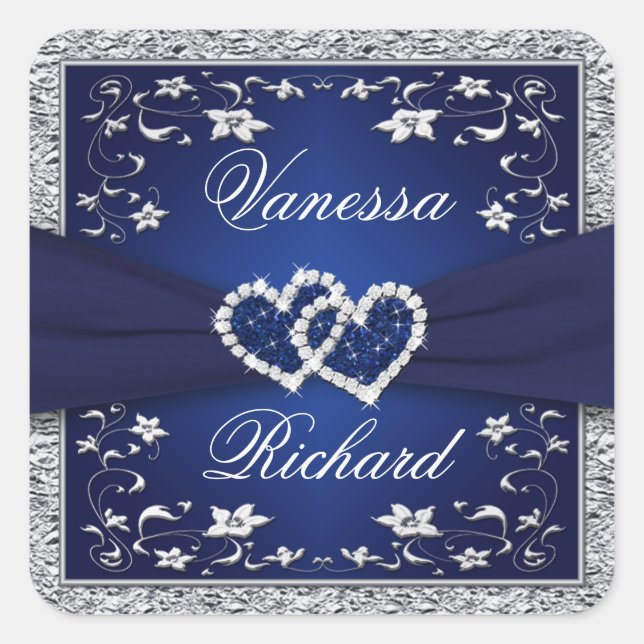 Navy Blue Silver Grey Floral Wedding Sticker (Front)
