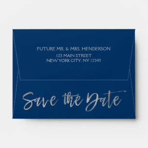 Navy Blue & Silver Grey Foil Save the Date Envelope