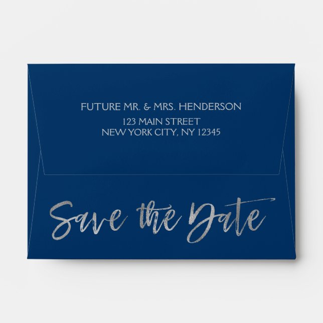 Navy Blue & Silver Grey Foil Save the Date Envelope (Back (Top Flap))