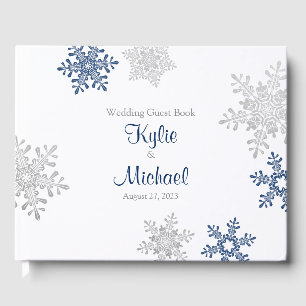 Navy Blue Silver Grey Snowflake Winter Wedding Guest Book