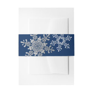 Navy Blue Silver Grey Snowflake Winter Wedding Invitation Belly Band
