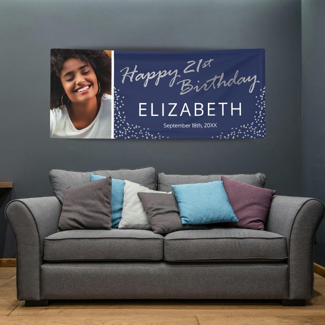 Navy Blue Silver Happy 21st Birthday Photo Banner (Creator Uploaded)