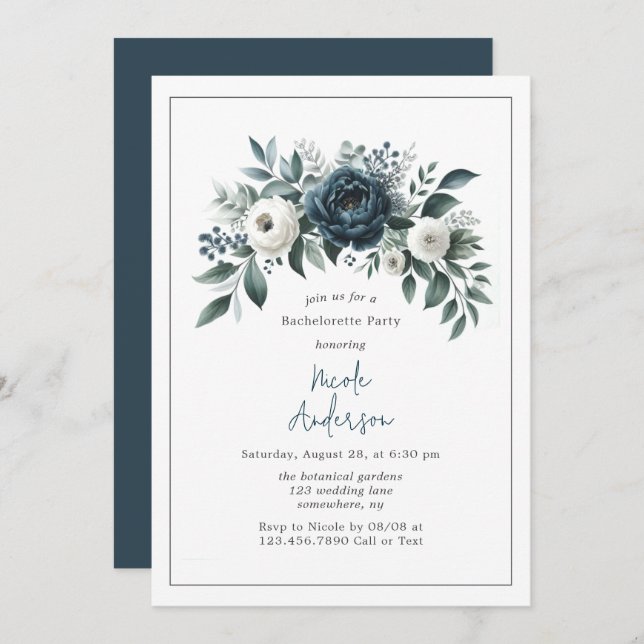 Navy Blue & Silver Ivory Floral Bachelorette Party Invitation (Front/Back)