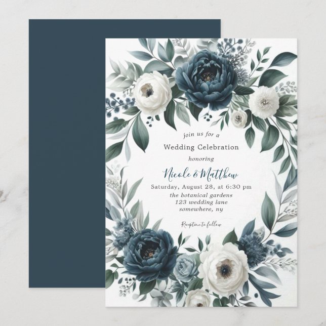 Navy Blue Silver Ivory Floral Wedding Celebration Invitation (Front/Back)
