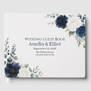 Navy Blue Silver Ivory Floral Wedding Guest Book