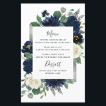 Navy Blue Silver Ivory Floral Wedding Menu Cards<br><div class="desc">Design features an elegant watercolor floral wreath decorated with peonies, roses, eucalyptus greenery and more in shades of navy blue, green and ivory. Design also features a silver grey printed box beneath the wreath with a modern font - text layout. A matching floral arrangement is added to the back to...</div>