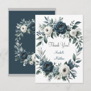Navy Blue & Silver Ivory Floral Wedding Thank You Card