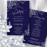 Navy Blue & Silver Lace Budget Wedding Program<br><div class="desc">These wedding programs are elegant and tasteful, while still being budget friendly. The design features ornate silver grey faux foil lace with pale grey text on a navy blue coloured background. The typography features lacy script calligraphy, and there is room for details on the ceremony, the bridal party, and a...</div>