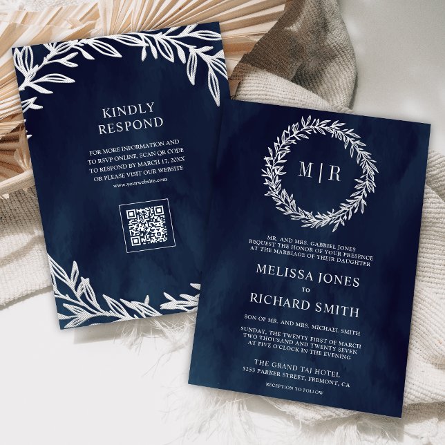 Navy Blue Silver Leaf Branch QR Code Wedding Invitation (Creator Uploaded)