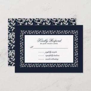 Navy Blue Silver Leaf Pattern RSVP Card