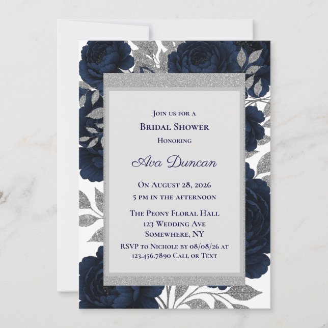 Navy Blue & Silver Leaves Bridal Shower Invitation (Front)