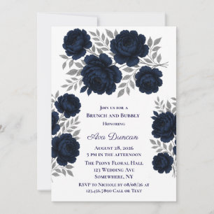 Navy Blue & Silver Leaves Brunch and Bubbly Invitation